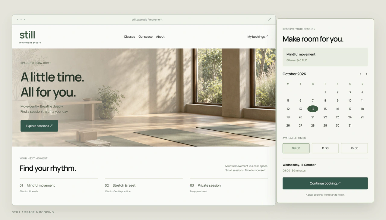 STILL studio website and class booking calendar.