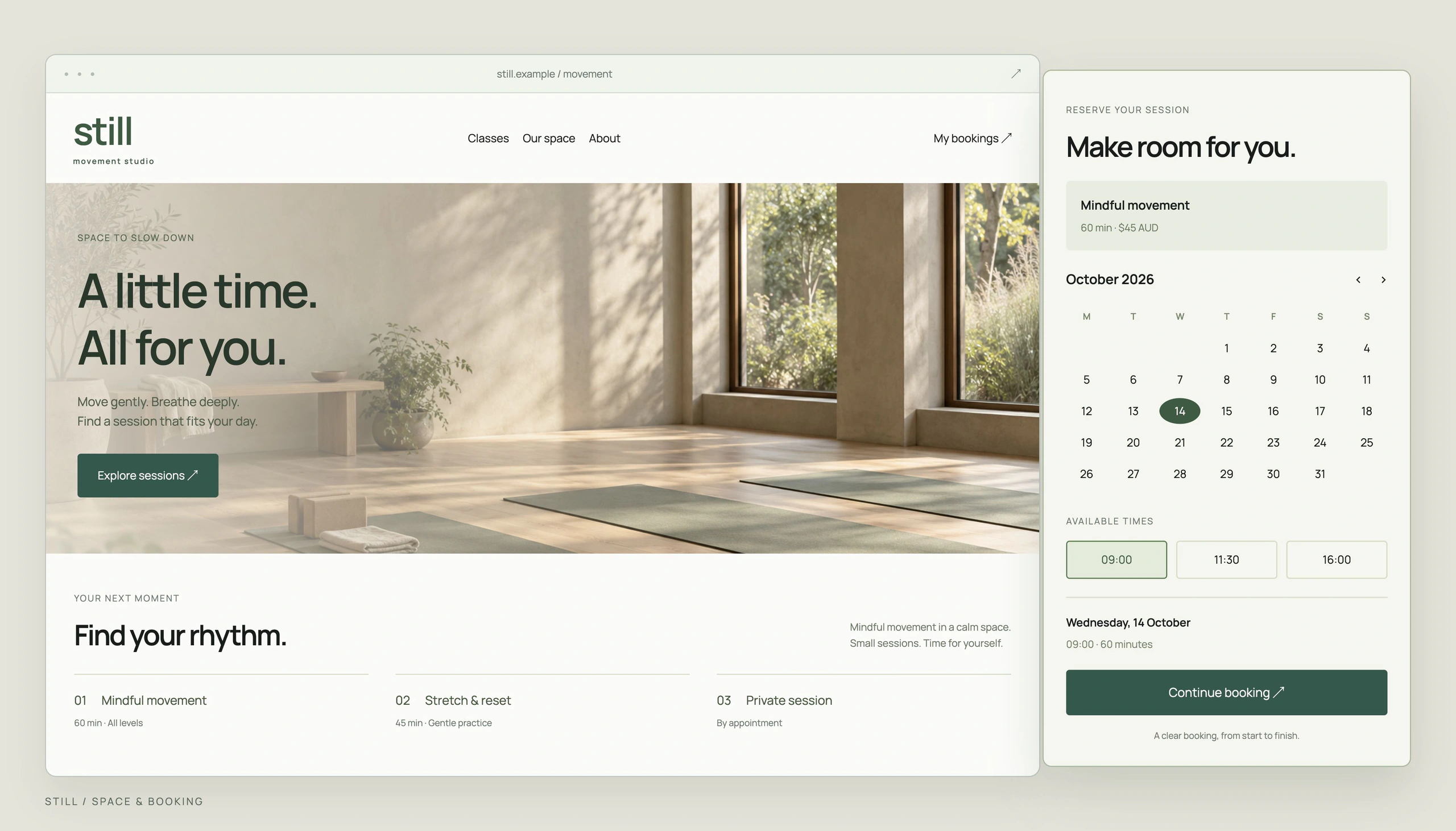 STILL concept: a movement studio website with a sunlit studio scene and a session booking calendar