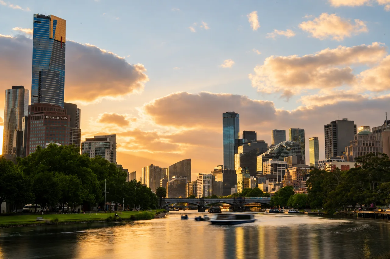 Melbourne skyline and the Yarra River in soft evening light