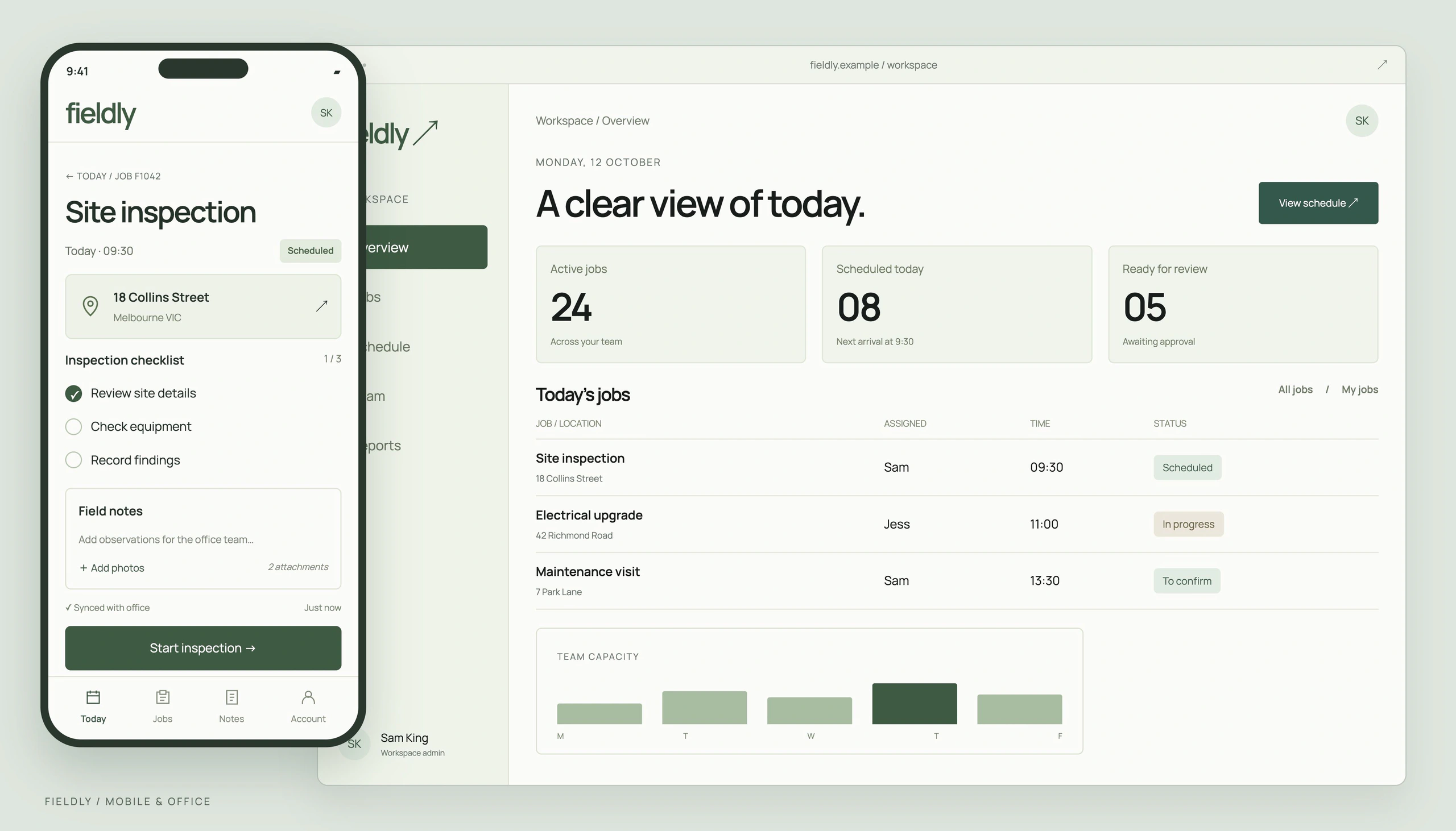 FIELDLY concept: a mobile inspection app with checklist and field notes, connected to an office workspace