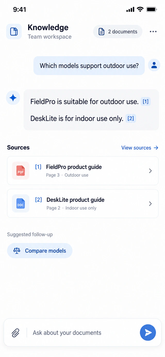 AI assistant concept showing a document-based answer and two cited sources.