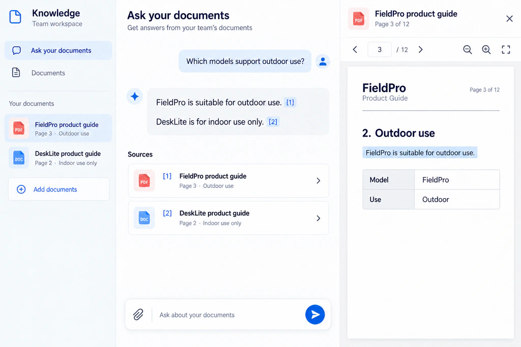 AI workspace concept showing questions, citations and a source document.