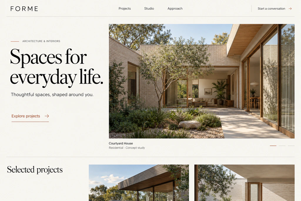 FORME studio website concept showing the Courtyard House project.