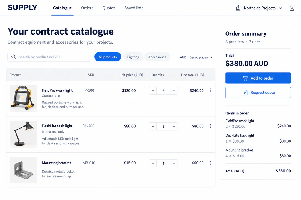 SUPPLY purchasing concept showing products, quantities and an order summary.