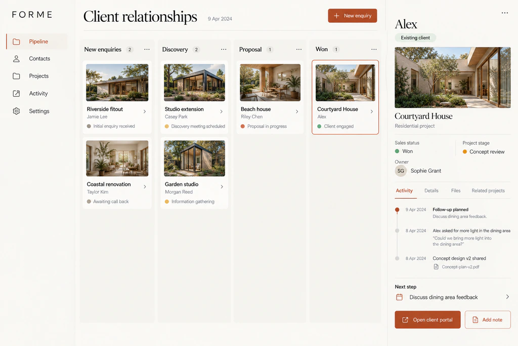 FORME CRM concept showing a sales pipeline, Alex's won Courtyard House engagement and follow-up during concept review.