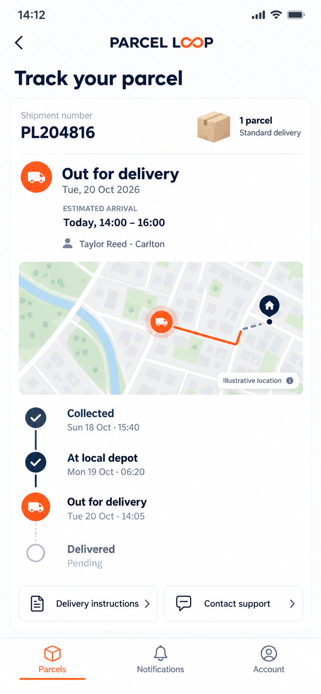 PARCEL LOOP tracking concept showing shipment PL204816, out-for-delivery status, illustrative location and a 14:00–16:00 arrival window.