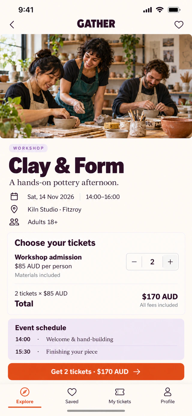 Event ticketing app concept showing Clay & Form, its Fitzroy venue, two workshop tickets and a 170 AUD total.