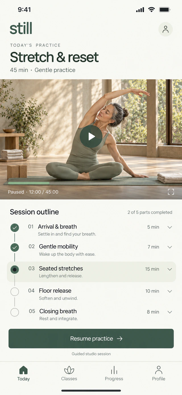 STILL fitness app concept showing Stretch & reset, a paused 12-of-45-minute session and five segments.