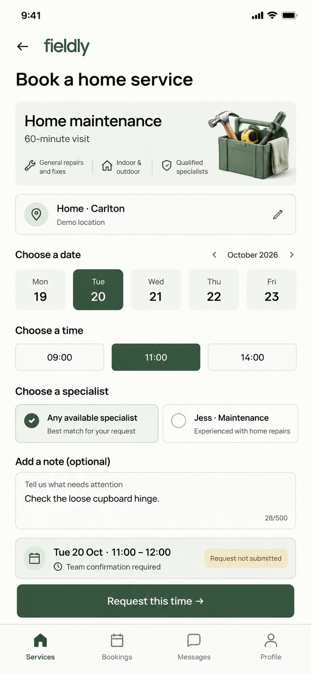 FIELDLY customer booking concept showing Home maintenance, a demo Carlton location and a request for 11:00 on 20 October.