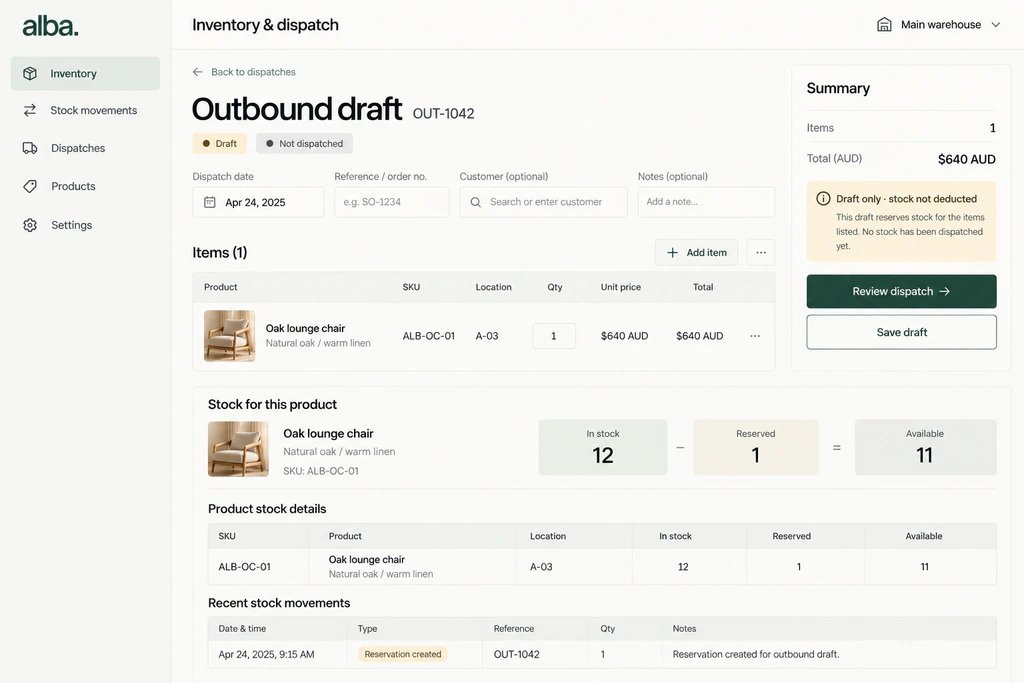 ALBA inventory concept showing Oak lounge chair, SKU ALB-OC-01, location A-03 and a draft dispatch with stock not deducted.