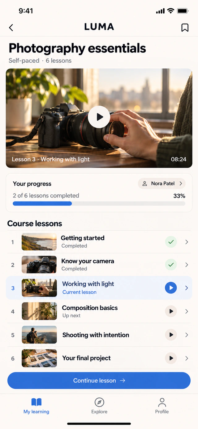 LUMA learning concept showing Nora Patel's photography lesson, six chapters and 33% completed progress.