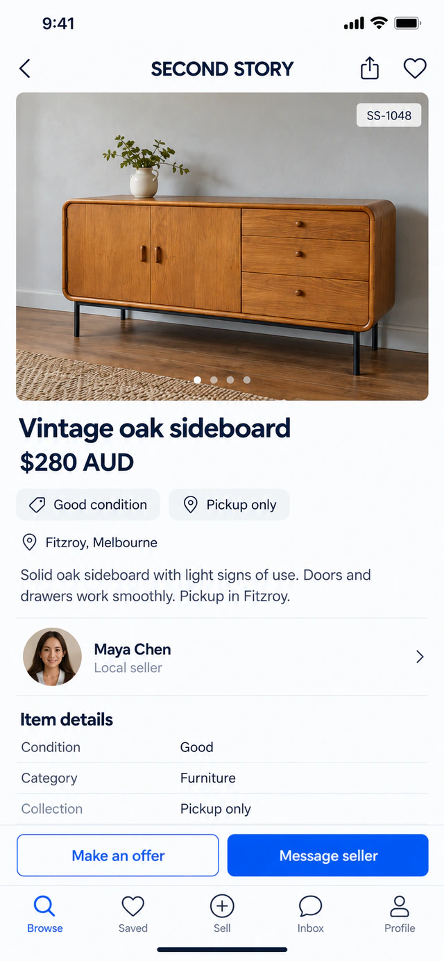 Secondhand marketplace app concept showing Vintage oak sideboard, 280 AUD, good condition, Fitzroy pickup and seller Maya Chen.