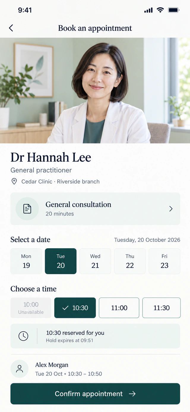 Medical booking app concept showing Dr Hannah Lee and a temporary hold for 10:30 on 20 October 2026.