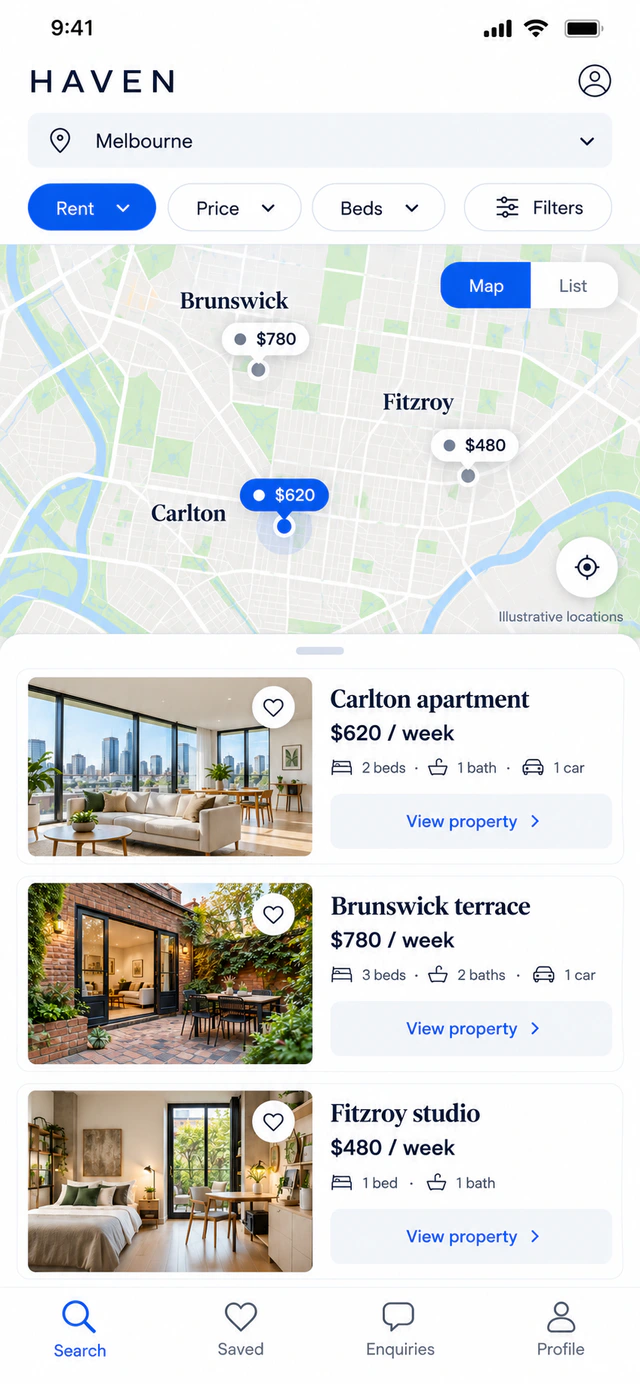 HAVEN property app concept showing an illustrative map, Carlton apartment at 620 AUD per week and rental filters.