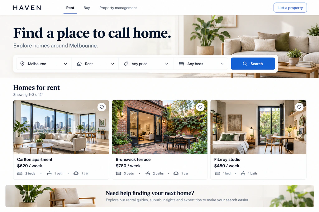 HAVEN rental website concept showing property filters and three home listings.