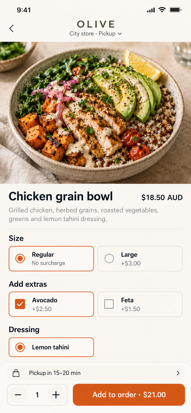 OLIVE restaurant concept showing a dish, customisation options and order total.