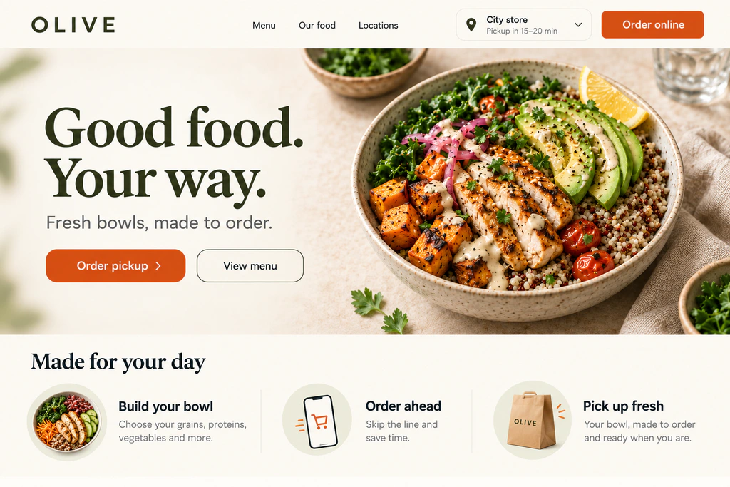 OLIVE restaurant website concept showing food, store information and ordering actions.