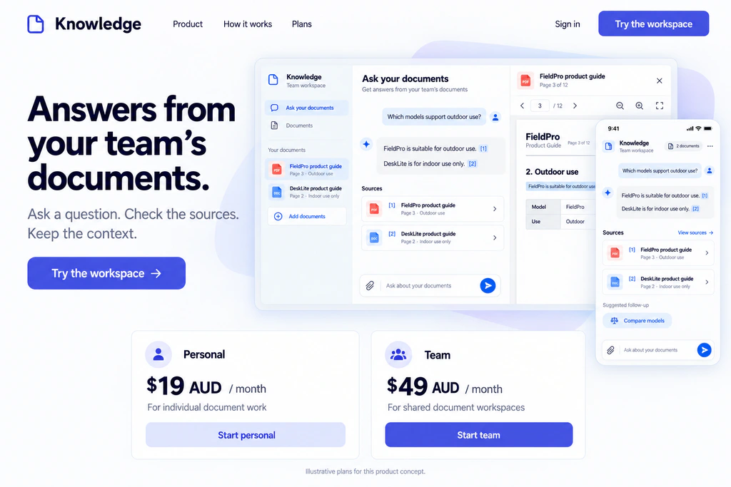 Knowledge SaaS website concept showing document questions, matching mobile and desktop previews, citations and illustrative plans.