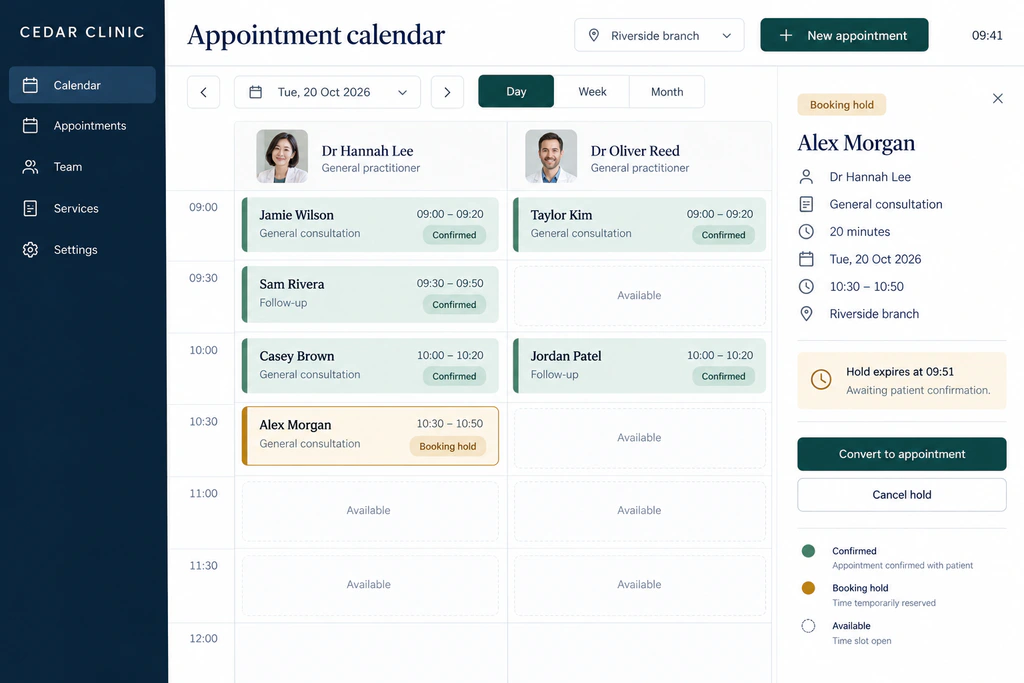 Cedar Clinic scheduling concept showing doctor calendars, Alex Morgan's 10:30 booking hold and open slots.