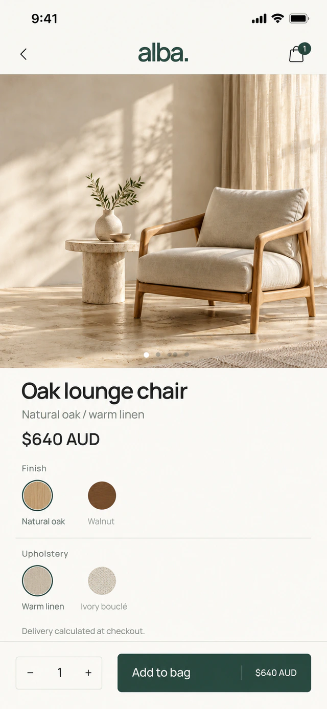 ALBA shopping concept showing an oak lounge chair, material choices and an add-to-bag action.