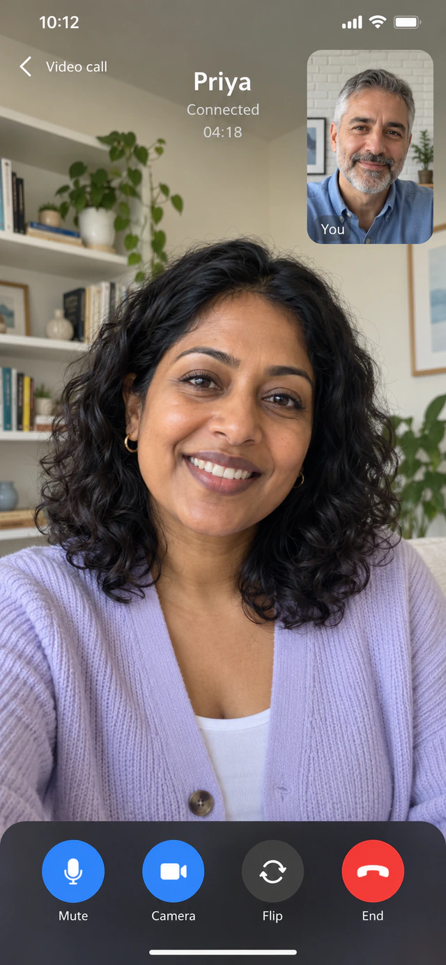 Independent video-calling concept showing Priya, another participant, duration and call controls.