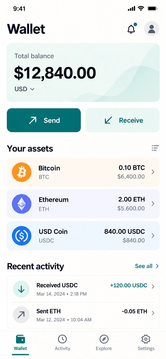 Crypto wallet concept showing assets, balances and send and receive actions.